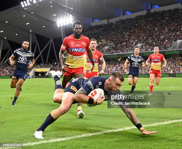 Kyle Feldt of the Cowboys scores a try during the round six NRL match between North Queensland Cowboys and Dolphins at Qld Country Bank Stadium on...