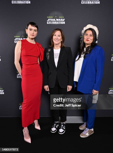 Daisy Ridley, Kathleen Kennedy and Sharmeen Obaid-Chinoy attend the studio panel at Star Wars Celebration 2023 in London at ExCel on April 07, 2023...