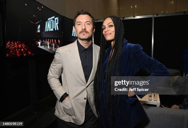 Jude Law and Rosario Dawson attend the studio panel at Star Wars Celebration 2023 in London at ExCel on April 07, 2023 in London, England.