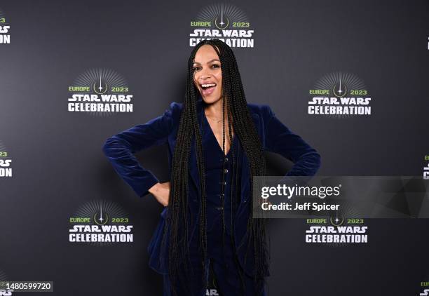 Rosario Dawson attends the studio panel at Star Wars Celebration 2023 in London at ExCel on April 07, 2023 in London, England.