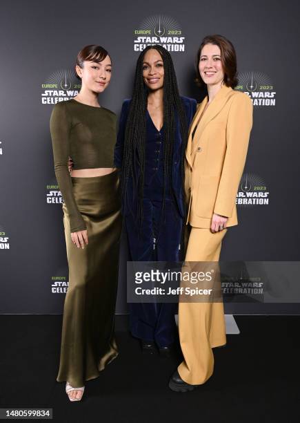 Natasha Liu Bordizzo, Rosario Dawson and Mary Elizabeth Winstead attend the studio panel at Star Wars Celebration 2023 in London at ExCel on April...