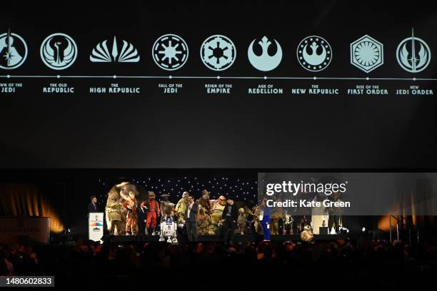 Ali Plumb, Kathleen Kennedy, James Mangold, Dave Filoni, and Sharmeen Obaid-Chinoy onstage durng the studio panel at Star Wars Celebration 2023 in...