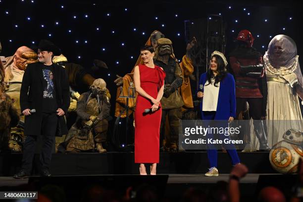 Dave Filoni, Daisy Ridley and Sharmeen Obaid-Chinoy onstage during the studio panel at the Star Wars Celebration 2023 in London at ExCel on April 07,...