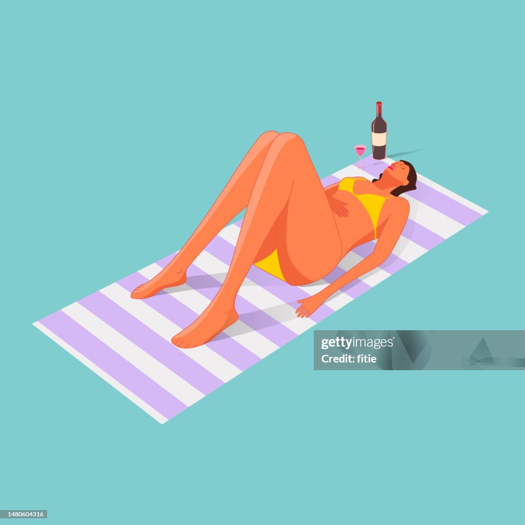 Young Woman Sunbathing on Beach Towel,Isometric View of Lying Girl in Orange Bikini Vector Illustration