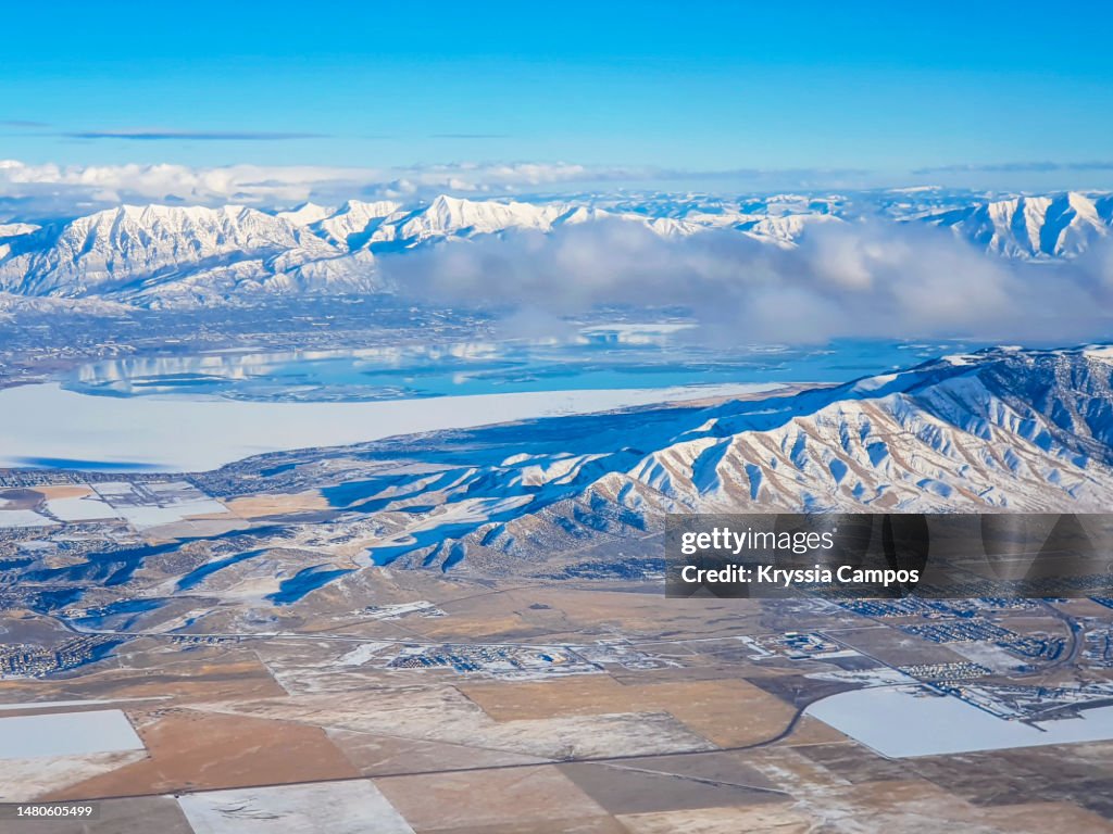Lake Utah, Aerial Views Of The Lake, Wasatch Mountains and Surrounding Landscape
