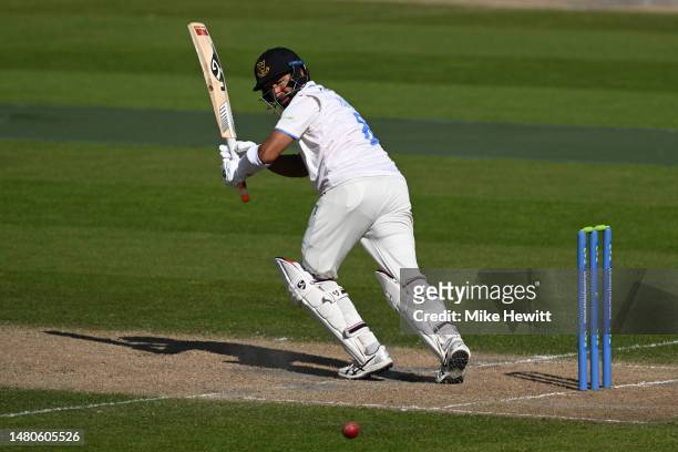 Cheteshwar Pujara of Sussex flicks the ball off his legs during the LV= Insurance County Championship Division 2 match between Sussex and Durham at...