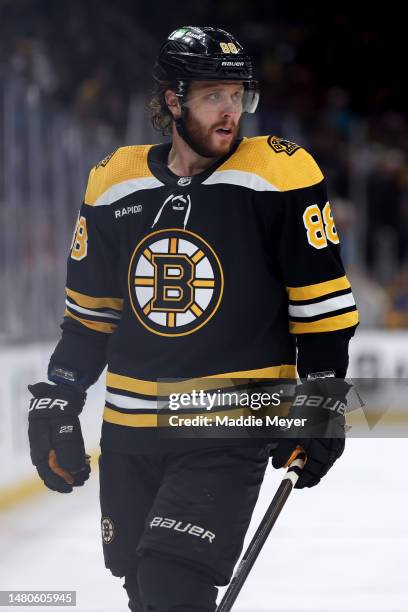 David Pastrnak of the Boston Bruins looks on during the third period against the Toronto Maple Leafs at TD Garden on April 06, 2023 in Boston,...