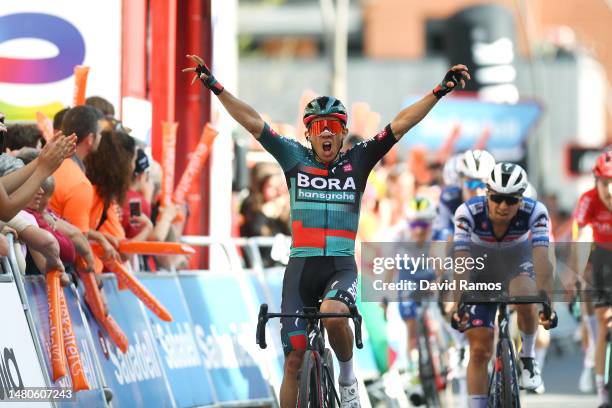 Sergio Andres Higuita Garcia of Colombia and Team BORA – Hansgrohe celebrates at finish line as stage winner during the 62nd Itzulia Basque Country,...