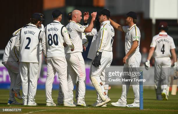 Chris Rushworth of Warwickshire celebrates the wicket of Cameron Bancroft of Somerset during Day Two of the LV= Insurance County Championship...