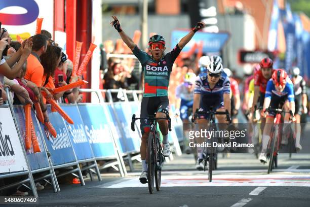 Sergio Andres Higuita Garcia of Colombia and Team BORA – Hansgrohe celebrates at finish line as stage winner during the 62nd Itzulia Basque Country,...