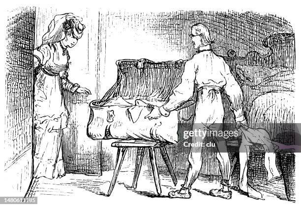 unpacking the suitcase in the room - historical stock illustrations