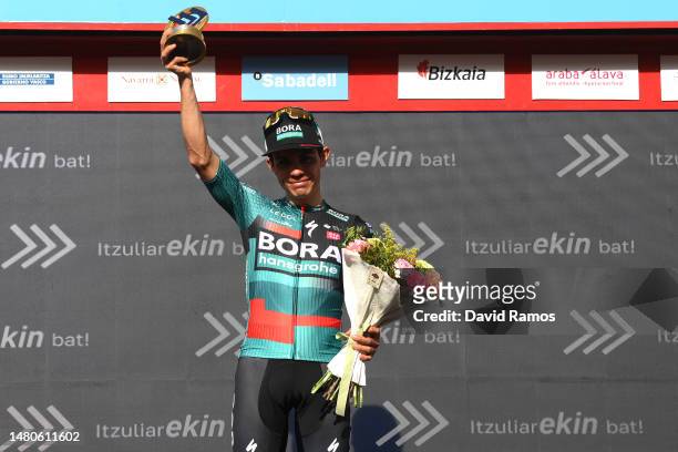 Sergio Andres Higuita Garcia of Colombia and Team BORA – Hansgrohe celebrates at podium as stage winner during the 62nd Itzulia Basque Country, Stage...