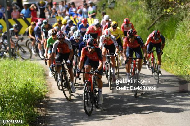 Gorka Izaguirre of Spain and Movistar Team and Jonathan Castroviejo of Spain and Team INEOS Grenadiers lead the peloton during the 62nd Itzulia...