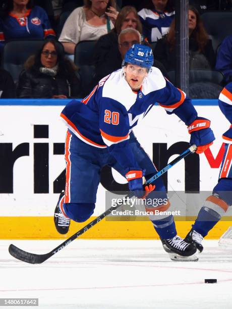 Hudson Fasching of the New York Islanders skates against the Tampa Bay Lightning at the UBS Arena on April 06, 2023 in Elmont, New York.