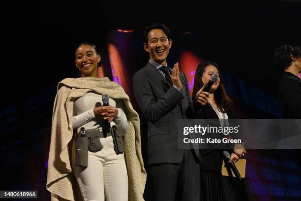 Amandla Stenberg and Lee Jung-jae onstage during the studio panel at the Star Wars Celebration 2023 in London at ExCel on April 07, 2023 in London,...