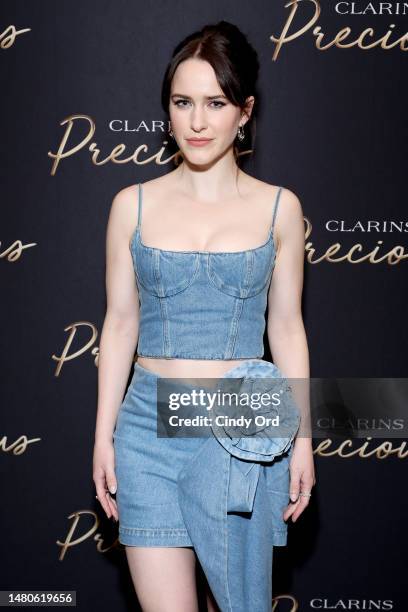 Rachel Brosnahan attends the Clarins Precious intimate dinner event on April 06, 2023 in New York City.