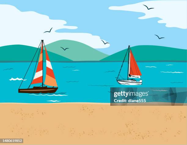 beach landscape with sailboats - sailing ship stock illustrations