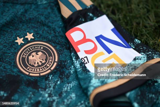 The Belgium, Germany, and Netherlands 2027 FIFA Women's World Cup bid badge is seen on a Germany shirt prior to the Women's international friendly...