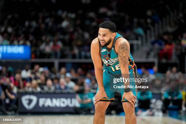 Cory Joseph of the Detroit Pistons looks on against the Brooklyn Nets at Little Caesars Arena on April 05, 2023 in Detroit, Michigan. NOTE TO USER:...