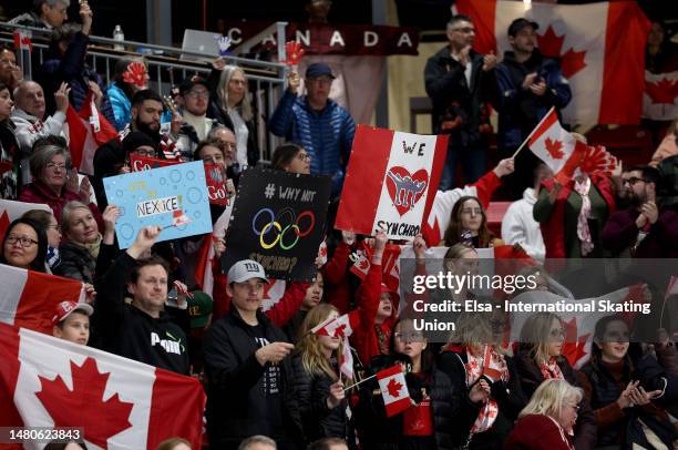 Canadian fans cheer in the free skate during the ISU World Synchronized Skating Championships at Herb Brooks Arena on April 01, 2023 in Lake Placid,...