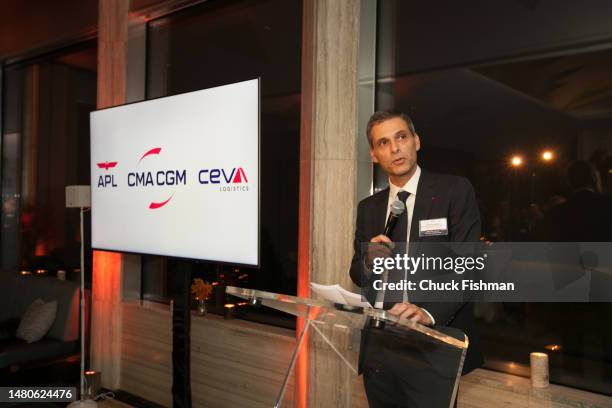 View of Lebanese-born French businessman Rodolphe Saade, chairman and CEO of CMA CGM Group, as he speaks at the company's annual party, New York, New...