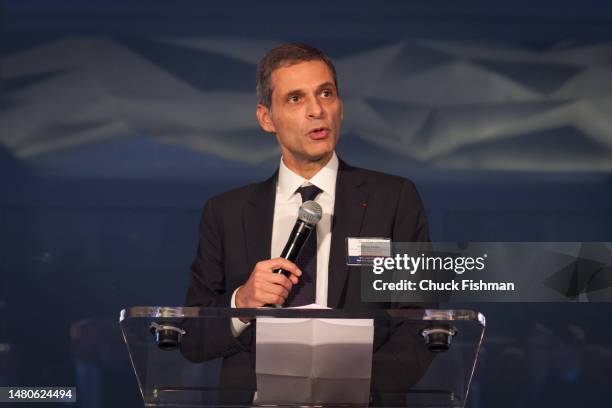 View of Lebanese-born French businessman Rodolphe Saade, chairman and CEO of CMA CGM Group, as he speaks at the company's annual party, New York, New...