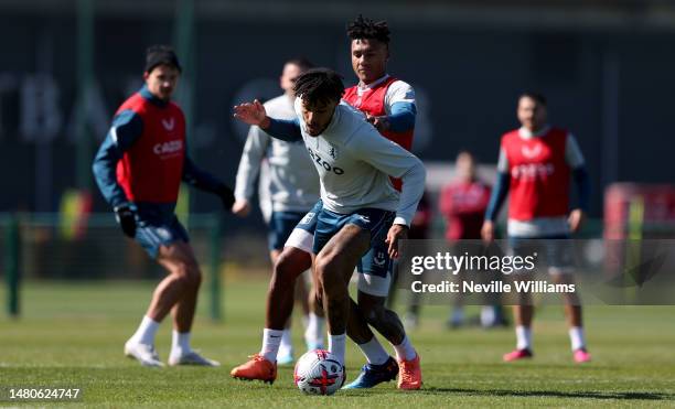 Tyrone Mings of Aston Villa in action during training session at Bodymoor Heath training ground on April 07, 2023 in Birmingham, England.