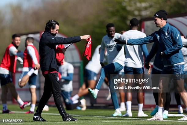 Unai Emery head coach of Aston Villa in action during training session at Bodymoor Heath training ground on April 07, 2023 in Birmingham, England.