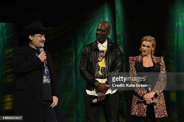 Dave Filoni, Rick Famuyiwa and Katee Sackhoff onstage during a special screening of 'The Mandalorian' at the studio panel at the Star Wars...
