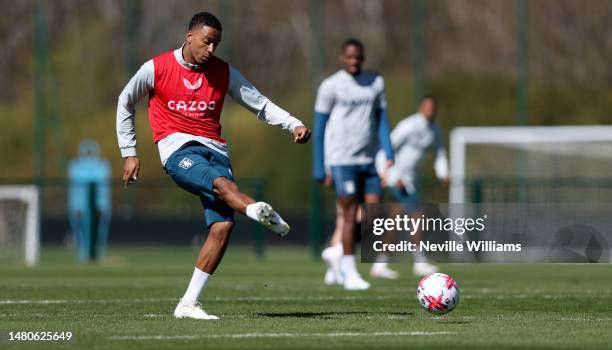 Ezri Konsa of Aston Villa in action during training session at Bodymoor Heath training ground on April 07, 2023 in Birmingham, England.