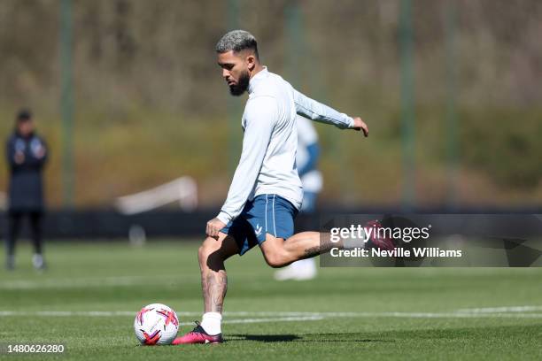 Douglas Luiz of Aston Villa in action during training session at Bodymoor Heath training ground on April 07, 2023 in Birmingham, England.