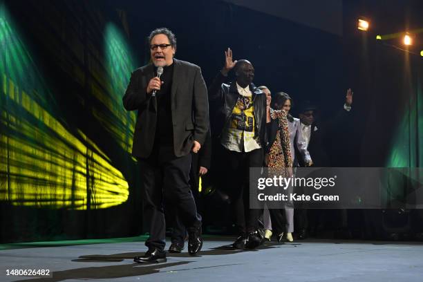 Jon Favreau, Rick Famuyiwa, Katee Sackhoff, Emily Swallow, Giancarlo Esposito walk onstage during a special screening of 'The Mandalorian' at the...