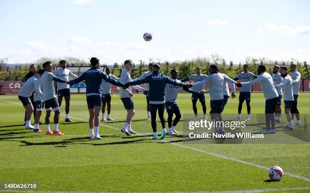 Aston Villa in action during training session at Bodymoor Heath training ground on April 07, 2023 in Birmingham, England.