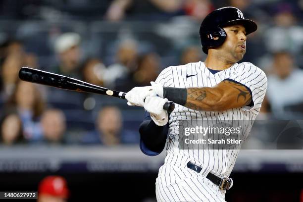 Aaron Hicks of the New York Yankees at bat during the eighth inning against the Philadelphia Phillies at Yankee Stadium on April 04, 2023 in the...