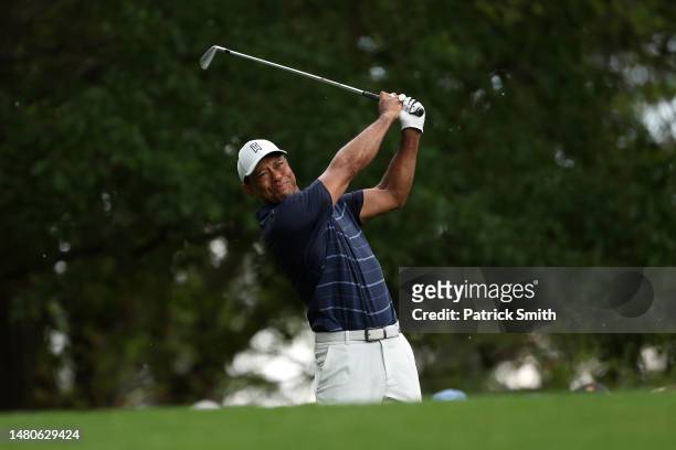 Tiger Woods of the United States plays his shot from the fourth tee during the second round of the 2023 Masters Tournament at Augusta National Golf...