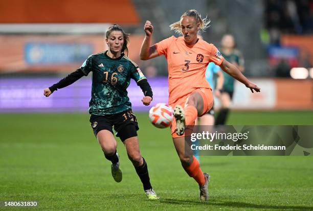 Stefanie van der Gragt of Netherlands controls the ball whilst under pressure from Tabea Wassmuth of Germany during the Women's international...
