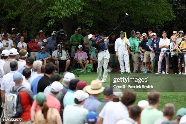 Tiger Woods of the United States plays his shot from the seventh tee during the second round of the 2023 Masters Tournament at Augusta National Golf...