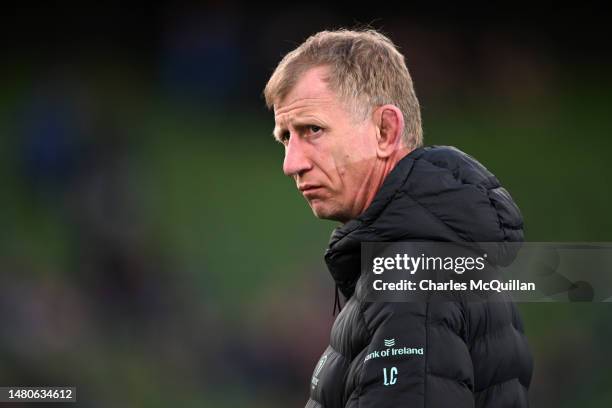 Leo Cullen, Head Coach of Leinster Rugby, looks on prior to the Heineken Champions Cup Quarter Finals match at Aviva Stadium on April 07, 2023 in...