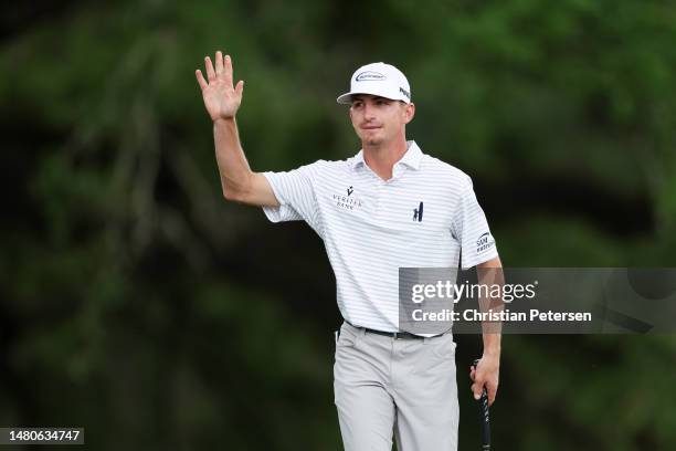 Amateur Sam Bennett of the United States reacts on the 18th green during the second round of the 2023 Masters Tournament at Augusta National Golf...