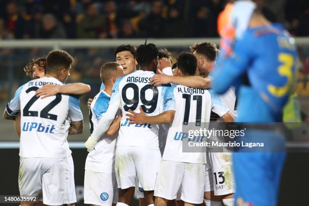 Players of Napoli celebrate during the Serie A match between US Lecce and SSC Napoli at Stadio Via del Mare on April 07, 2023 in Lecce, Italy.