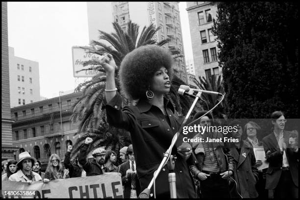 View of American political activist and academic Angela Davis as she speaks during a rally in Union Square, San Francisco, California, August 1973.