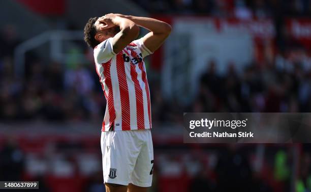 Josh Laurent of Stoke City reacts during the Sky Bet Championship between Stoke City and Bristol City at Bet365 Stadium on April 07, 2023 in Stoke on...