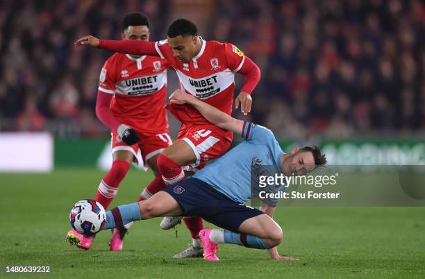 Burnley player Connor Roberts is challenged by Cameron Archer of Middlesbrough during the Sky Bet Championship between Middlesbrough and Burnley at...