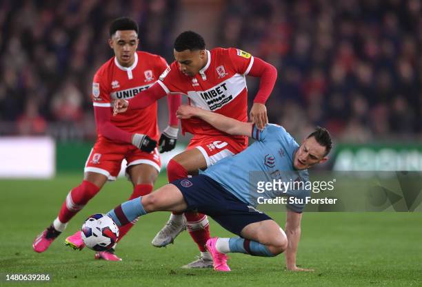 Burnley player Connor Roberts is challenged by Cameron Archer of Middlesbrough during the Sky Bet Championship between Middlesbrough and Burnley at...