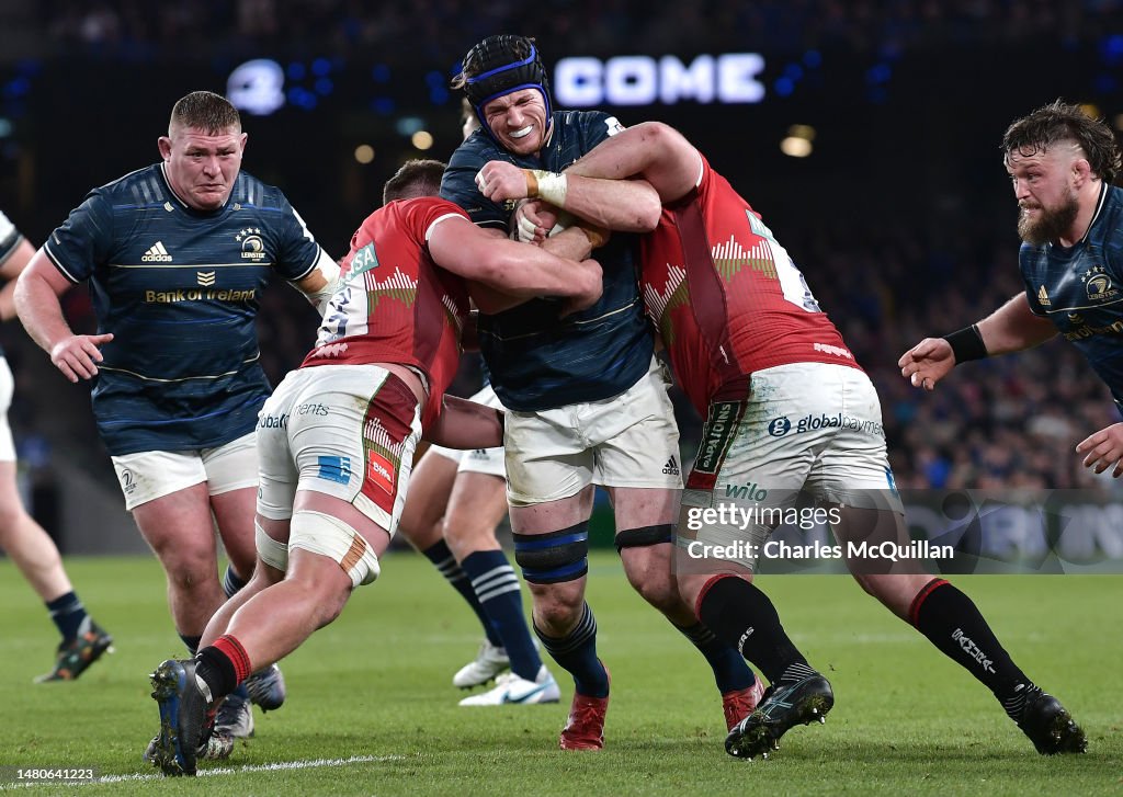 Leiscter Rugby Ryan Baird of Leinster Rugby is tackled during the Heineken Champions ...