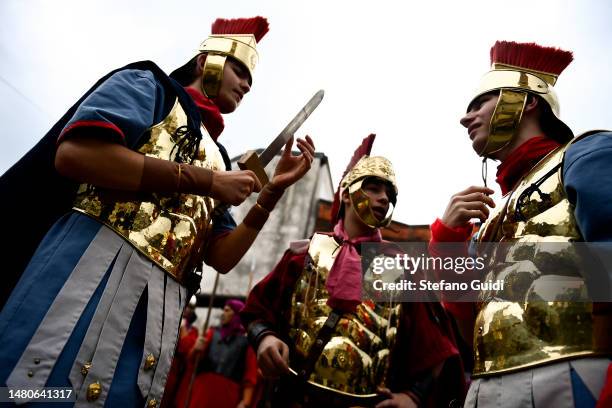 Roman Legionaries attends during the Passion of Christ reenactment on April 7, 2023 in Romagnano Sesia, Italy. The city of Romagnano Sesia for four...