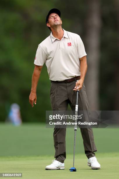 Adam Scott of Australia reacts on the eighth green during the second round of the 2023 Masters Tournament at Augusta National Golf Club on April 07,...