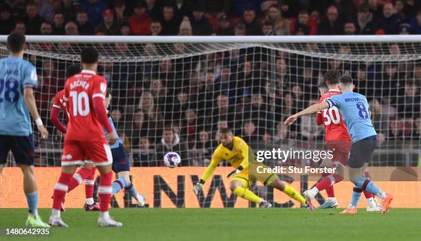 Shot from Josh Brownhill of Burnley is deflected in by Ashley Barnes for the first Burnley goal during the Sky Bet Championship between Middlesbrough...