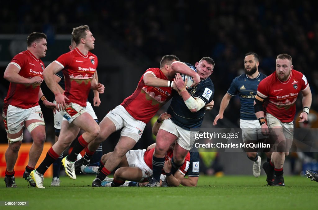 Leiscter Rugby Tadhg Furlong of Leinster Rugby is tackled by Mike Brown of Leicester ...