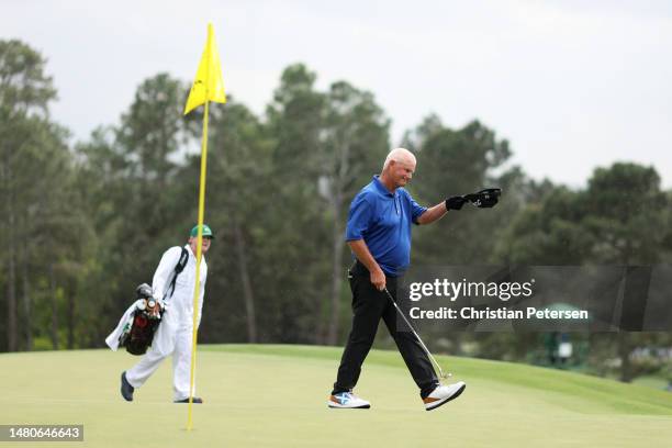 Sandy Lyle of Scotland acknowledges the patrons on the 18th green during the second round of the 2023 Masters Tournament at Augusta National Golf...